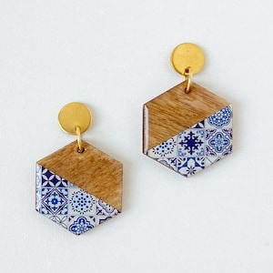 Portuguese Tile Art Wood Earrings | Azulejos Wood Resin Hexagon Earrings | Lisbon Inspired Jewelry | Lightweight Gift for Portugal Traveler