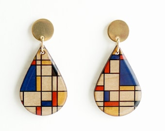 Mondrian Geometric Earrings, Statement Earrings, Modern Earrings, Wood Earrings, Colorful Earrings, Wooden Earrings, Modern Art Gift