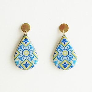 Portuguese Tiles Earrings, Boho Earrings, Azulejos Portugal Tile Earrings, Statement Jewelry, Wood Geometric Earrings, Portugal Gift