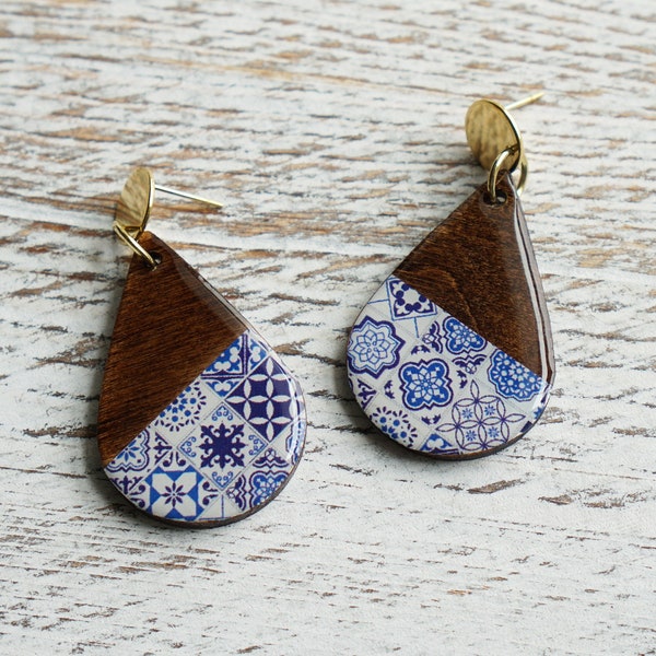 Azulejos, Portuguese Tile Earrings, Portugal Tiles Earrings, Portuguese Gift, Wood Earrings, Statement Jewelry, Portugal Gifts