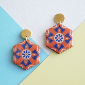 Hexagon Geometric Earrings, Statement Earrings, Wood Earrings, Boho Jewelry, Moroccan Tiles, Modern Colorful Earrings, Gift for Her