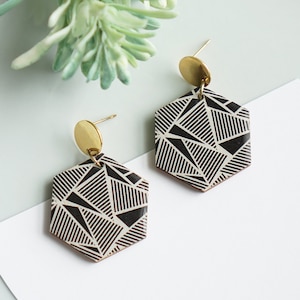 Mid Centry Modern Earrings, Hexagon Geometric Earrings, Statement Earrings, Wood Earrings, Lightweight Earrings, Art Deco Earrings