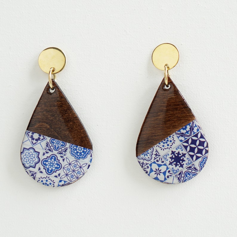 Wood Earrings Portuguese Tiles Earrings Boho Jewelry Etsy