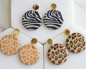Animal Print Statement Earrings, Wood Earrings, Zebra Leopard Giraffe, Colorful Earrings, Geometric Circle Earrings, Abstract Art