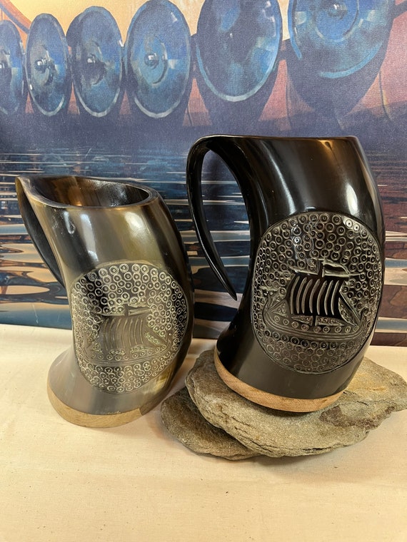 NEW Carved Viking Ship horn mug beverage ready24 0z. A thing of beauty!