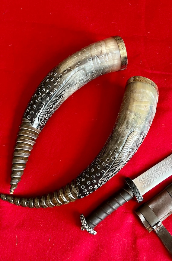 Beautiful Viking drinking horn impeccably carved with a Viking ship. 17 - 18 inches.