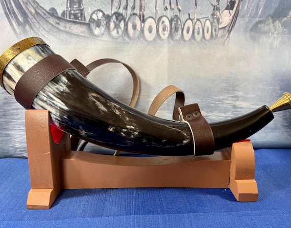NEW Viking war or hunting horn. Deluxe large Viking 18inch real horn with brass rim and leather strap. No engraving. Includes stand.