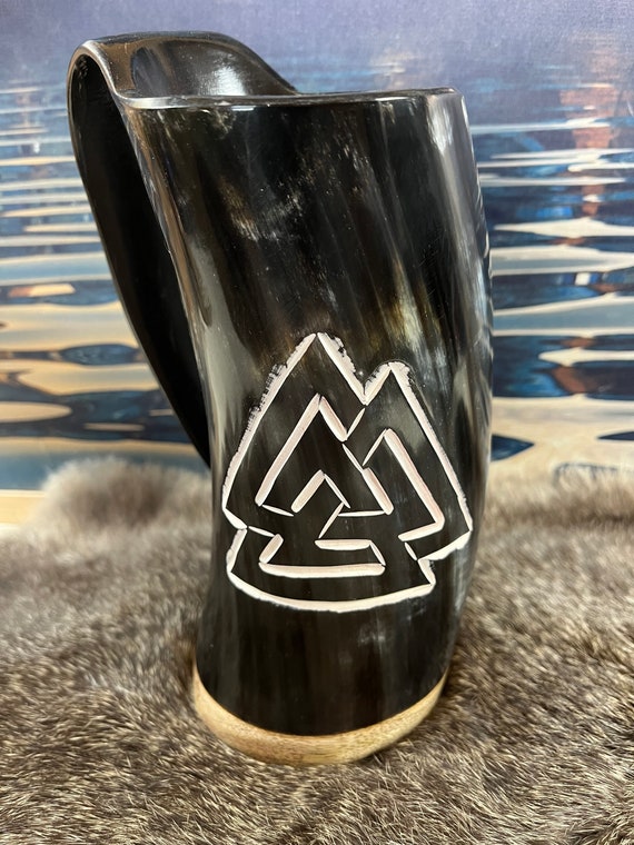 Valknut Norse engraved horn drinking mug heavy weight xl size 23 ounces. Includes gift bag.