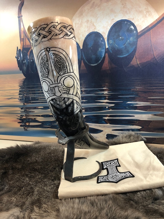 The Viking Warrior - one of a kind hand carved drinking horn 17 inches. Includes stand and gift bag.