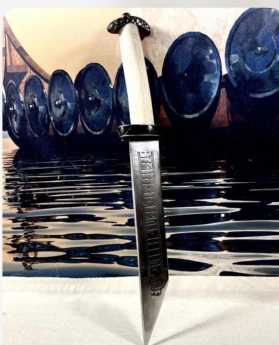 NEW bone handle Vking Seax with high carbon 9260 blade engraved with runes. Includes leather sheath. Leather wrapped handle available.