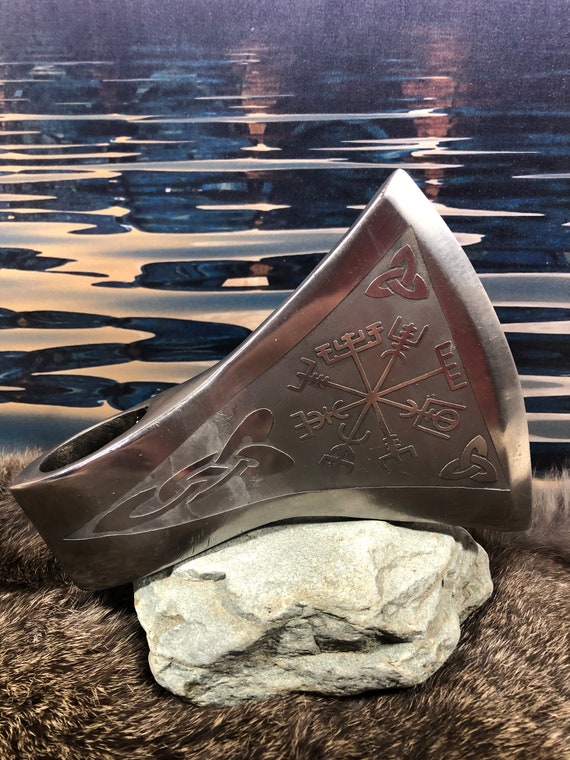 Viking  engraved hatchet axe head in high carbon polished steel