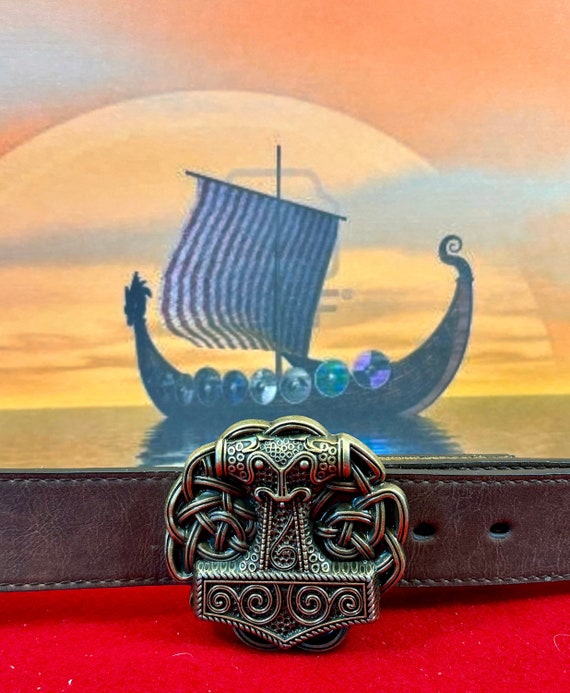 Bronze Thor’s Hammer belt buckle and 46 in leather belt (can be shortened)