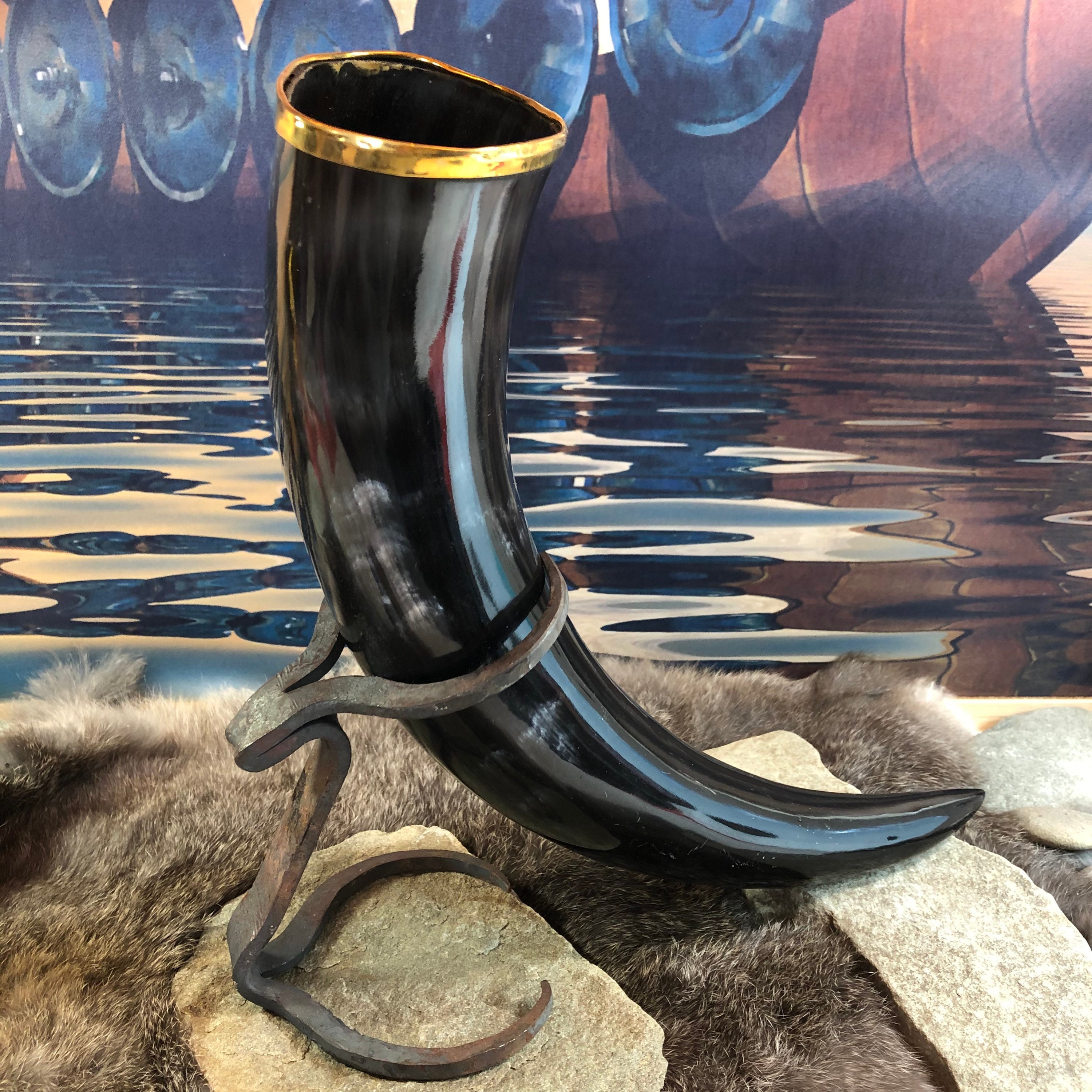Viking ale or mead drinking horn with brass rim and wrought Etsy