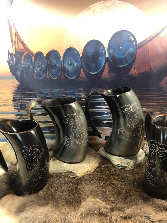 Thors Hammer real  horn engraved Viking drinking mug large Includes gift bag.