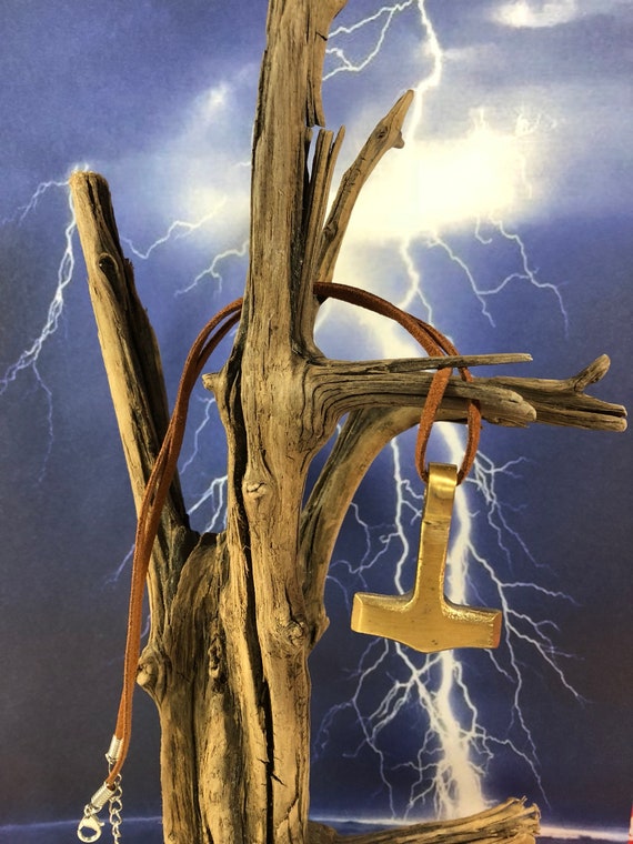 Solid Brass hand forged reproduction exclusive to us Thor’s hammer pendant with leather neck cord