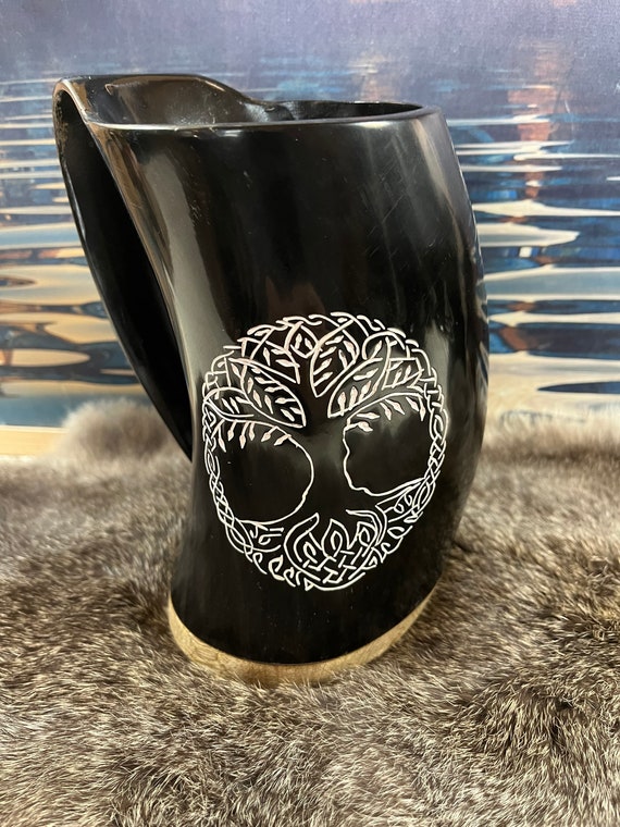 Tree Of Life Norse engraved horn drinking mug. Very heavy weight xl size 23 ounces. Includes gift bag.