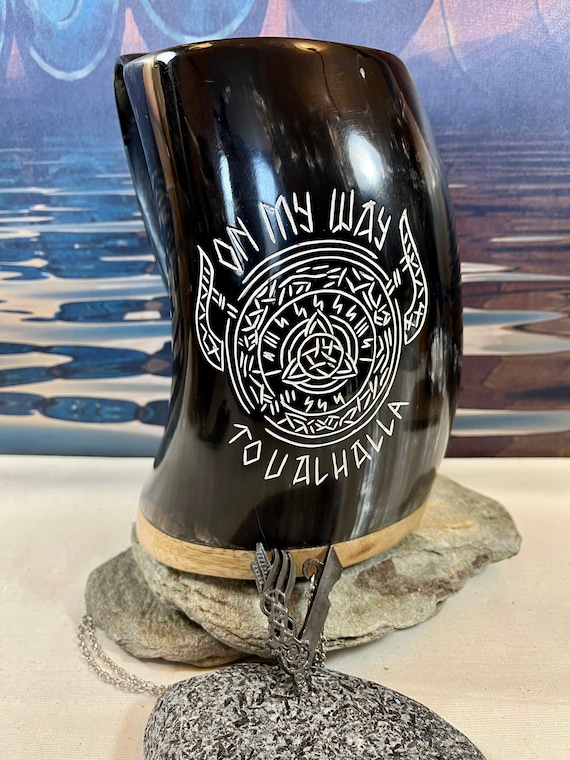 New!! Viking “0n my way to Valhalla” carved premier horn drinking mug. A must for the Viking Warrior! 24 oz capacity.