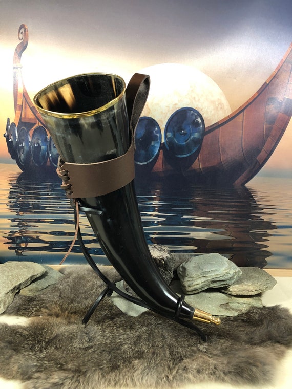 Viking ale or mead large size drinking horn with brass rim and wrought iron stand. Includes belt holster