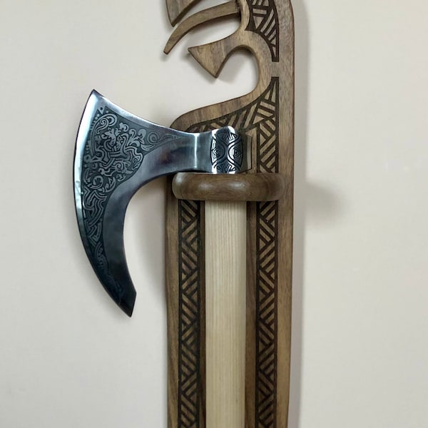 AXE. The Fenrir Viking fighting axe beautiful deep engraving and highy crafted polished high carbon steel. Perfect for reenactment.