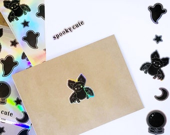 Halloween Spooky Cute Bat Sticker Sheet | Holographic Ghost Crystal Ball Magic Stars Crescent Moon | EspiLane Holo Iridescent Sticker Sheet