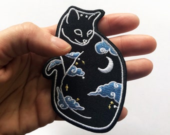 Cat Moon Patch | Embroidery Iron On | Pastel Goth | Night Sky Nature Black | Hat Backpack Jacket Patches Gift | Original Espi Lane Patch