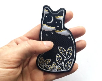 Black Cat Patch | Celestial Embroidery Iron On | Magic Moon Botanic Nature | Hat Backpack Jacket Patches Gift | Original Espi Lane Patch