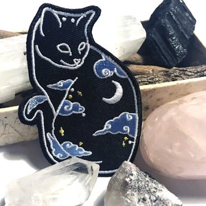 Black Celestial Cat Patch | Embroidery Iron On | Magic Witch Moon Dark Night | Hat Backpack Jacket Patches Gift | Original Espi Lane Patch