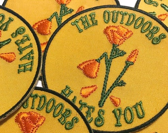 The Outdoors Hates You Retro Patch | Botanic Flower Iron On Patches | California Poppy | 3" | Hat Backpack Jacket Gifts | Espi Lane Patch