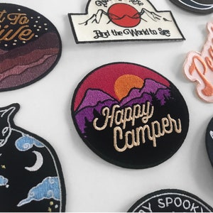 Happy Camper Patch | Iron On Outdoors Patches | Mountain | Hiking Camping Climbing | Hat Backpack Jacket Embroidery Patches | Espi Lane