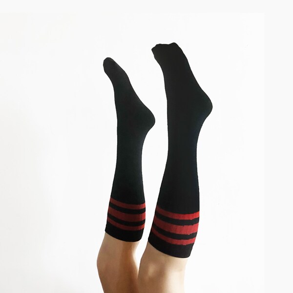 Black Skate Socks | Old School Retro Striped Tube | Red Pink White Gray Lime Green Yellow 1970s Stripe Athletic Unisex Tube | Knee High
