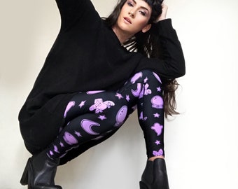 Cute Bat Spooky Leggings | Pastel Goth | Halloween Bats Ghosts Crystal Ball | Printed Leggings | XS - Plus Size 6XL | High Waist | Espi Lane