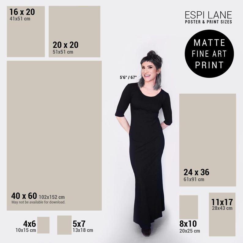 May include: A chart showing different sizes of matte fine art prints available for purchase. The sizes are listed in inches and centimetres. The print sizes range from 4x6 inches to 40x60 inches.