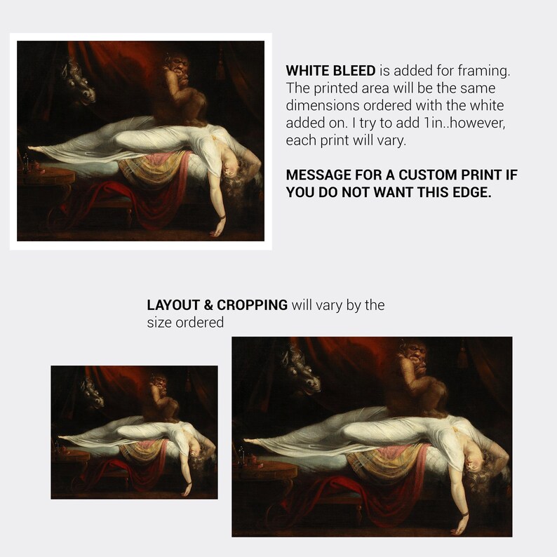 May include: A painting depicting a woman lying on a bed with a man standing over her. The woman is wearing a white gown and the man is wearing a dark robe. The painting is set in a dark room with red curtains. The text "WHITE BLEED is added for framing. The printed area will be the same dimensions ordered with the white added on. I try to add 1 in..however, each print will vary. MESSAGE FOR A CUSTOM PRINT IF YOU DO NOT WANT THIS EDGE." is included in the image.