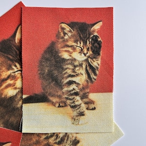 May include: A rectangular fabric patch featuring a printed image of a brown tabby cat grooming itself. The cat is positioned against a solid red background with a light cream-colored horizontal band at the bottom of the rectangular design.