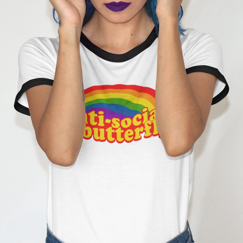 Retro Rainbow Introvert Graphic Tee AntiSocial Shirts Unisex Womens Plus Size Espilane T-shirt XS-3XL White Ringer