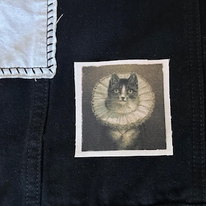 May include: A black and white cat wearing a large white ruff, in a vintage portrait style.