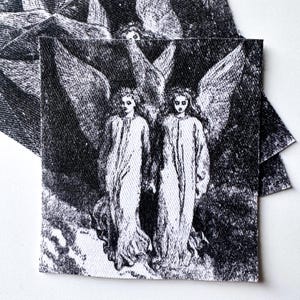 May include: Black and white illustration of two angels with wings, walking side by side. The angels are wearing long, flowing robes and have halos above their heads.
