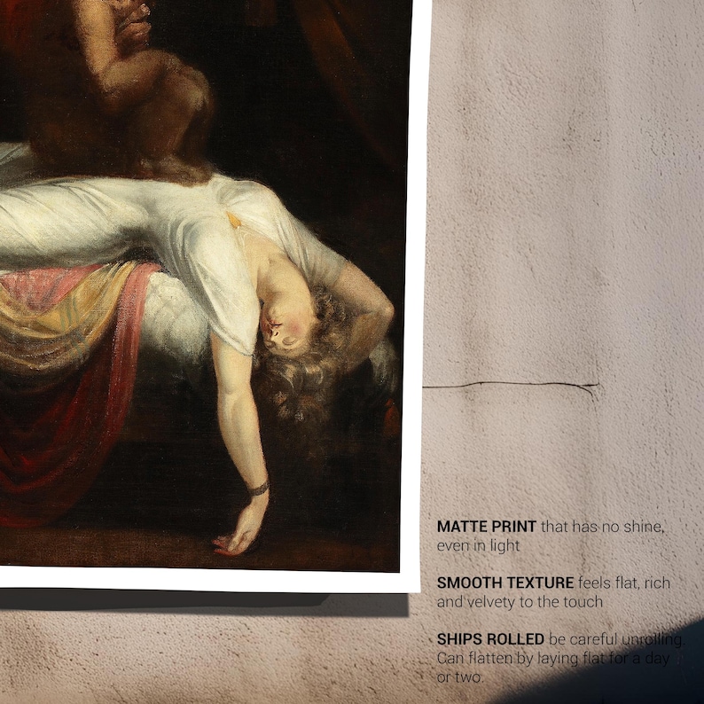 May include: A painting depicting a woman lying on a bed with a man standing over her. The woman is wearing a white dress and the man is wearing a dark robe. The painting is rendered in a dark, shadowy style.