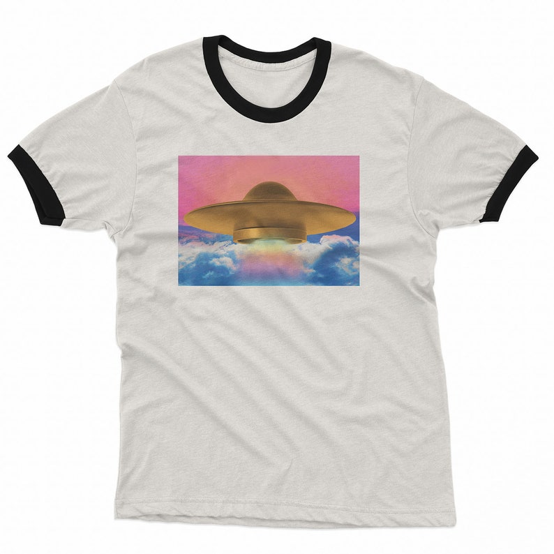 UFO Shirt Anime Sky Aesthetic Retro Graphic Shirts Believe UFOs Tees Vaporwave Tee Space Science Fiction EspiLane Tshirt White Ringer