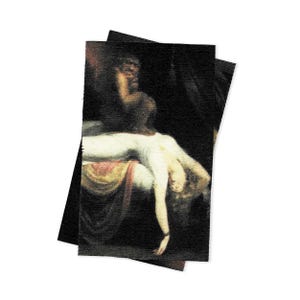 May include: A painting depicting a woman lying on a bed with a man standing over her. The woman is wearing a white dress and the man is wearing a dark robe. The painting is set in a dark room with a single light source illuminating the scene.