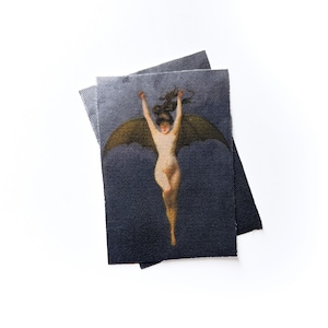 May include: Two rectangular fabric patches with a vintage illustration of a nude figure with bat wings, arms raised. The artwork is set against a dark blue background. The patches are made of a denim-like material.