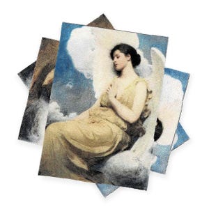 May include: A woman with long dark hair wearing a light brown dress sits on a cloud with large white wings behind her. The background is a blue sky with white clouds.