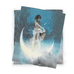 May include: A woman in a white dress stands on a crescent moon against a blue starry night sky. The moon is glowing and the stars are twinkling.