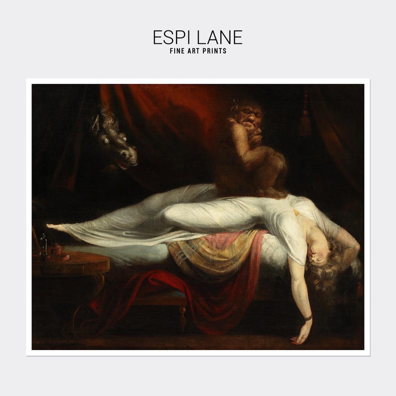 May include: A painting depicting a woman asleep in a bed, with a shadowy figure standing over her. The woman is wearing a white nightgown and has long, dark hair. The figure is dark and has a menacing expression. The painting is set in a dark room with a red curtain in the background.