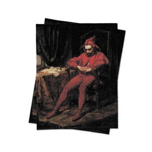 May include: A painting of a man in a red jester's costume sitting in a chair and reading a book. The man is in a dark room with a table in front of him. The painting is done in a realistic style.