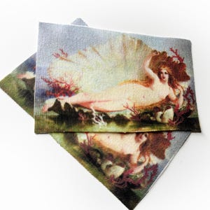 May include: Two rectangular fabric patches featuring a classical painting of a nude woman reclining in a seashell. The artwork includes coral and a light blue background. The patches are slightly overlapping.