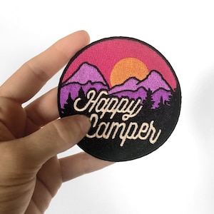 Iron On Patch | Happy Camper Patches | Mountains Outdoors | Hiking Camping | Adventure | Hat Backpack Jacket Embroidery Patch | Espi Lane