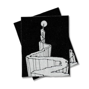 May include: Black and white illustration of a winding path leading up to a moon in the sky. The path is made of a series of steps and curves.