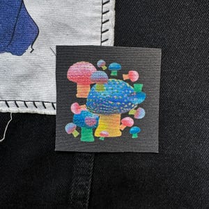 May include: A black fabric patch with a colorful mushroom design. The mushrooms are pink, blue, yellow, and green. The patch is perfect for adding a touch of whimsy to any project.