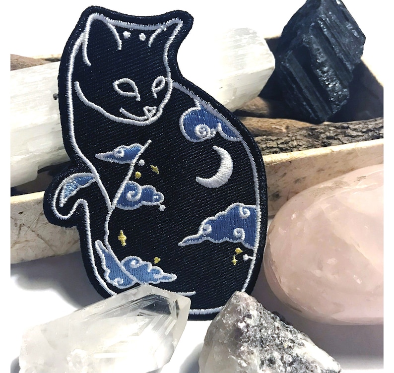 Cat Moon Patch Embroidery Iron On Pastel Goth Night Sky Nature Black Hat Backpack Jacket Patches Gift Original Espi Lane Patch image 4
